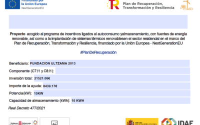 Proyecto de acogida al programa de incentivos ligados al autoconsumo y almacenamiento. Plan de recuperacion, transformacion y resiliencia, financiado por la Union Europea-Next Generatio EU